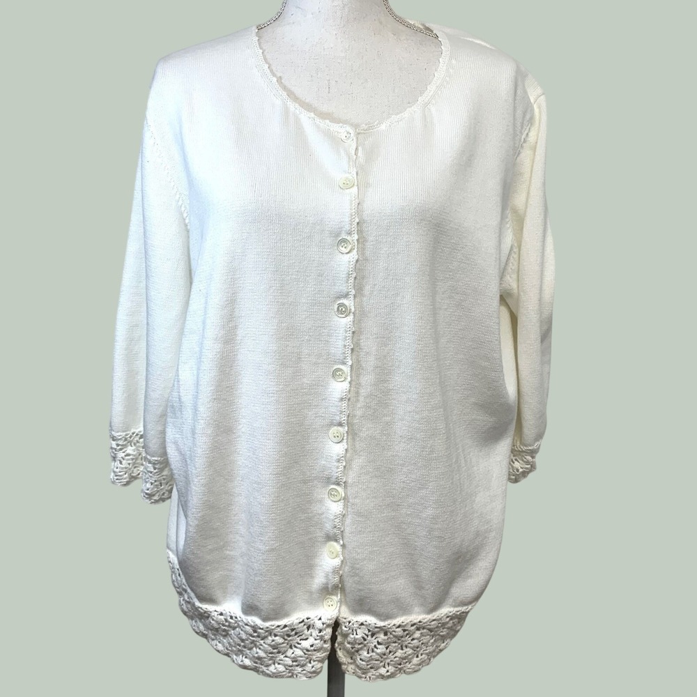Jones N Y Sport White 100% Cotton Crochet Trim Button Front Cardigan Woman 3X
